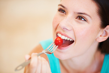 Image showing Health, diet and face of woman with tomato eating for nutrition, wellness and snack for hunger. Food, happy and smile of person with vegetable salad for vitamins benefits, detox and lose weight