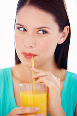 Image showing Health, drink and face of woman with juice for nutrition, wellness and hydration in studio Happy, thirsty and person with fruit blend or beverage for vitamins, detox and diet on white background