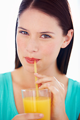 Image showing Health, drink and portrait of woman with juice for nutrition, wellness and hydration in studio. Happy, thirsty and face of person with fruit blend for vitamins, detox and diet on white background