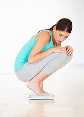 Image showing Scale, check and woman lose weight with surprise, diet and measuring body, mass and health. Weighing, scales and person shocked, upset and frustrated with numbers, reading and unhappy dieting