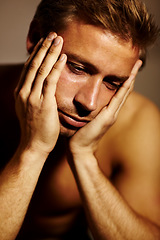 Image showing Bedroom, thinking and man with anxiety, depression and mental health with fatigue, shirtless and morning. Person, apartment and guy with burnout, feeling alone and lonely with stress, sad and tired