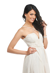 Image showing Portrait, confidence and happy woman in dress for fashion in studio isolated on a white background. Smile, model and beauty of person in formal clothes, elegant and style for party or event in Brazil