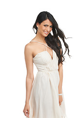 Image showing Portrait, fashion and smile of woman in cocktail dress in studio isolated on a white background mockup. Happy, model and person in formal clothes, elegant and style for party, prom or event in Brazil