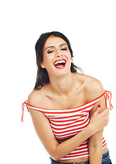 Image showing Woman, portrait and laughter in studio for fun, humor and comedy with makeup and fashion on white background. Person, face and happiness with comic expression, carefree and freedom for joke or news