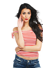 Image showing Woman, portrait or kiss face in studio for romance, affection or flirt on white background with fashion. Person, kissing emoji or expression for care, date or reaction on valentines day with red lips