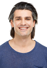 Image showing Portrait, man and smile with fashion, confidence and proud guy isolated on a white studio background. Face, person and model with tshirt, happiness and Canada with mockup space, healthy and wellness