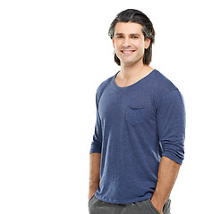 Image showing Portrait, smile and man with tshirt, clothes and confident guy isolated on a white studio background. Person, mockup space and model with casual outfit, wellness and comfort with health and trendy