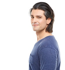 Image showing Studio, fashion and portrait of mature man with confidence, pride and happy on white background. Smile, handsome and face of isolated person in casual clothes for style, health and positive attitude