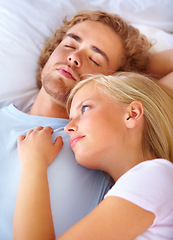 Image showing Face, thinking and love with a couple in bed together to relax in the morning or to wake up in their home. Peace, marriage and young woman lying on the chest of her boyfriend in the apartment bedroom