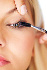 Image showing Makeup, mascara and woman with hands in studio for volume, care or professional application closeup. Eyelash extension, beauty and eyes of model with beautician for glam, texture or transformation