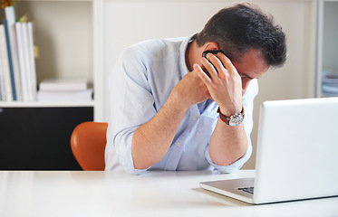 Image showing Phone call, privacy or businessman in office talking on mobile conversation as communication. Laptop, illegal or corrupt manager in discussion or speaking of bribery, fraud or money laundering secret