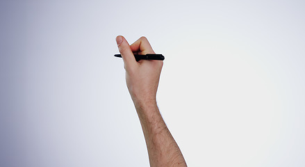 Image showing Hands, writing and digital pen with planning, sign and presentation on a white studio background. Closeup, person and model with a message, drawing and ideas with mockup space, creative or futuristic