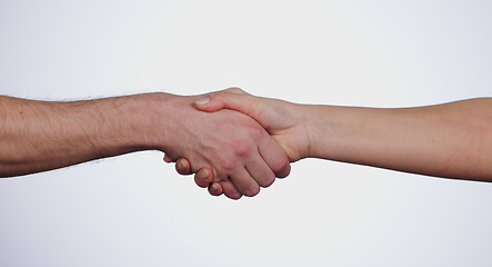 Image showing Handshake, partnership and agreement, people with support, trust and team isolated on white background. People shaking hands, introduction or collaboration with thank you and meeting in a studio