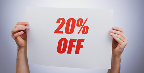 Image showing Hands, 20 discount rate and promotion sign at studio isolated on a white background. Poster, sales deal and special offer of price reduction, clearance advertising and marketing savings in retail sho