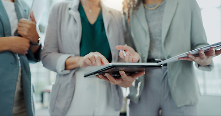 Image showing Document, teamwork and business people hands with planning, meeting and paperwork review in office. Cooperation, workplace and professional team with conversation and collaboration with data