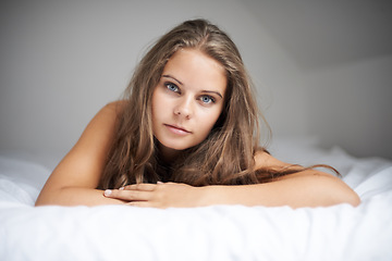 Image showing House, woman portrait and bed with sleeping, rest and relax in a bedroom with face and calm. Dreaming, female person and confidence with nap at home on a blanket and sheets lying down with thinking