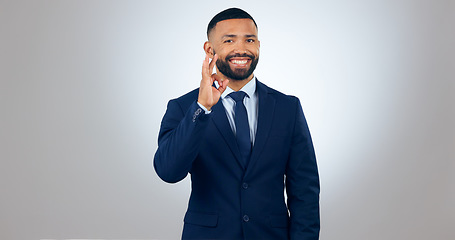 Image showing Portrait, yes and corporate businessman in studio with smile, ok gesture for deal announcement and mockup space. Thank you, agreement and happy man with gratitude, opinion or vote on white background