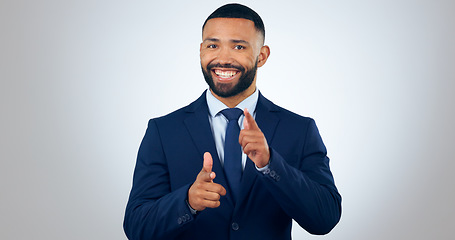 Image showing Portrait, pointing at you and corporate businessman in studio with smile, choice or deal offer. Happy man, business owner or office consultant for recruitment, opportunity or vote on white background