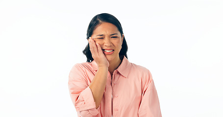 Image showing Frustrated woman, tooth ache and pain for dental help, gum disease or sore against a white studio background. Female person mouth injury, teeth or oral inflammation and irritation on mockup space