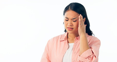 Image showing Stress, headache and asian woman in studio with anxiety for tax, audit or review on white background. Vertigo, migraine and Japanese model with brain fog, burnout or dizzy, overthinking or disaster