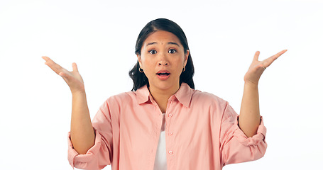 Image showing Wow, surprise and portrait of woman with why hands in studio with news, announcement or promo on white background. Omg, shocked and face Japanese model with emoji gesture for wtf, mind blown or info
