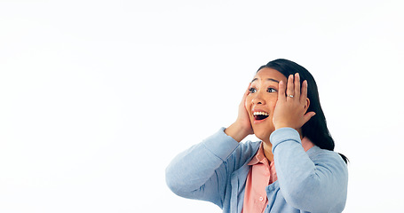 Image showing Happy, wow and surprised woman in studio with mockup for news, announcement or deal on white background. Omg, shock or excited Japanese winner with mind blown emoji for platform, offer or space promo