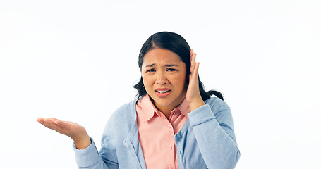 Image showing Confused, portrait and deaf woman with hand on ear in studio for speak up, volume or huh on white background. Doubt, face or Asian model with hearing loss, problem or frustrated by communication fail