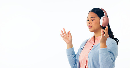 Image showing Woman, meditation and headphones, listening to calm audio, podcast and peace in studio on banner mockup. Asian person with music subscription for yoga, lotus hands or zen isolated on white background