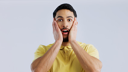 Image showing Portrait, man and surprise with announcement, news and expression on a white studio background. Face, person or model with emoji, shocked or omg with gossip, wow or reaction with mockup space or info