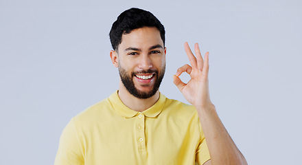 Image showing Ok, hands and portrait of man in studio for vote, certified review or feedback on white background. Happy indian model show emoji for success, agreement and icon of support, yes or sign of excellence