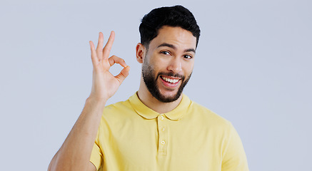 Image showing Ok, sign and portrait of man in studio for vote, certified news and feedback on white background. Happy indian model with hand emoji for success, agreement and icon of support, review and excellence