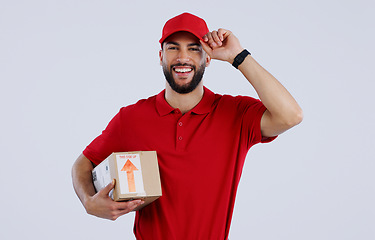 Image showing Portrait, happy man and courier with delivery in studio for mock up on white background in Mexico. Male model, smile and excited for logistics, shipping or distribution of package, parcel or order