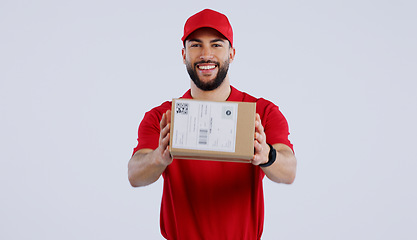 Image showing Portrait, happy man and courier with delivery in studio for mock up on white background in Mexico. Male model, smile and excited for logistics, shipping or distribution of package, parcel or order