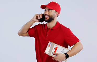 Image showing Man, delivery and phone for communication in studio for courier mock up on white background in Mexico. Male model, package or box with smile for conversation for logistics, parcel or order in space