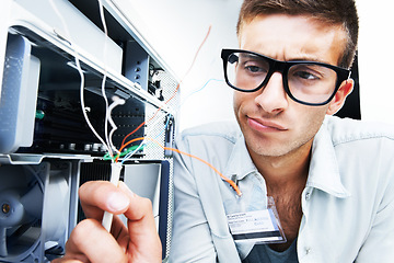 Image showing Computer tower, wire problem and man fixing studio hardware, PC equipment or check internal electricity power damage. Maintenance repair, technician inspection and IT specialist on white background