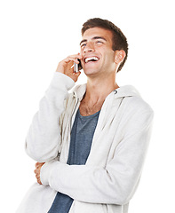 Image showing Phone call, studio conversation and man laughing at funny joke, networking humour and talking with cellphone contact. Communication, comedy and person with smartphone connection on white background