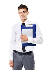 Image showing Happy, businessman and portrait with checklist or tablet logistics, document or professional paperwork. Man, face and smile with clipboard for form, documentation or employee ready to start working