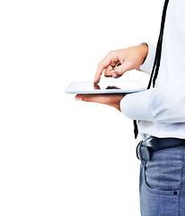 Image showing Business hands, tablet and typing for research, stock market or trading software on a white background. Startup worker, person or finger press on digital technology, online or screen mockup in studio