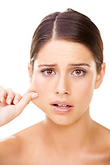 Image showing Skin care, pinch and portrait of woman with problem, stress or cheek inspection on white background. Aging, anxiety or model face with beauty crisis, acne or dermatology, pimple and allergic reaction