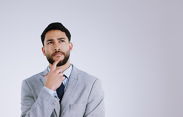 Image showing Businessman, face and thinking on mockup for idea, solution or planning against a gray studio background. Male person in wonder, thought or contemplating for memory, remember or reminder and plan