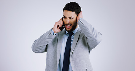Image showing Businessman, cellphone and call with stress, frustrated and isolated on studio background. Mobile, professional and overwhelmed with business crisis, corporate accountant and financial mistake