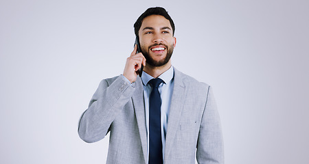 Image showing Businessman, smartphone and phone call for networking, communication and isolated on studio background. Mobile, professional and smiling for business conversation, consulting and corporate accountant