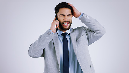 Image showing Businessman, smartphone and phone call with stress, frustrated and isolated on studio background. Mobile, professional and overwhelmed with business crisis, corporate accountant and financial mistake