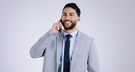 Image showing Businessman, cellphone and call for networking, communication and isolated on studio background. Mobile, professional and smiling for business conversation, consulting and corporate accountant