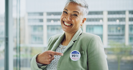 Image showing Woman, vote and portrait for politics, pointing and badge for support, government and member. Elections, voter choice and representative for democracy, registration and sticker for voting register