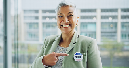 Image showing Woman, vote and portrait for democracy, pointing and badge for support, government and member. Elections, voter choice and representative for politics, registration and sticker for voting register