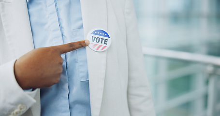 Image showing Hand, sticker and vote for president election or cast ballot, poll station for government selection. Black person, finger pointing and badge for politics decision support, patriotic or usa opinion