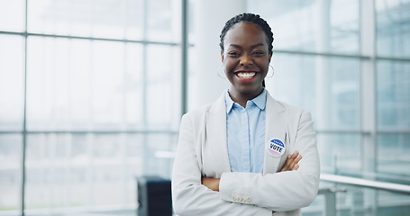 Image showing Woman, vote and portrait for politics, arms crossed and badge for support, patriotic and member. Elections, voter choice and campaign for democracy, registration and sticker for voting register