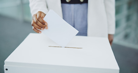 Image showing Hand, ballot and box for vote paper at president election cast, poll station choice or government selection. Person, fingers and decision document or politics support or usa process, opinion at booth