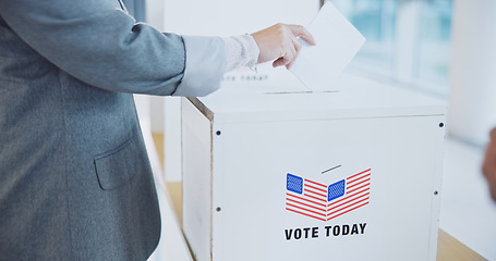 Image showing Hand, usa and president election or ballot paper document at poll station, government or choice. Man, fingers and opinion at booth for American campaign or democracy day change, patriotic or vote box